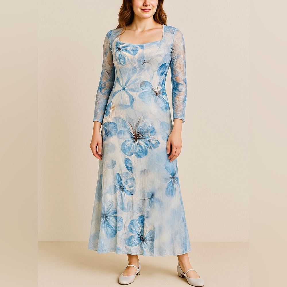 Komarov Floral Square Neck Blue Lace Charmeuse Dress XL